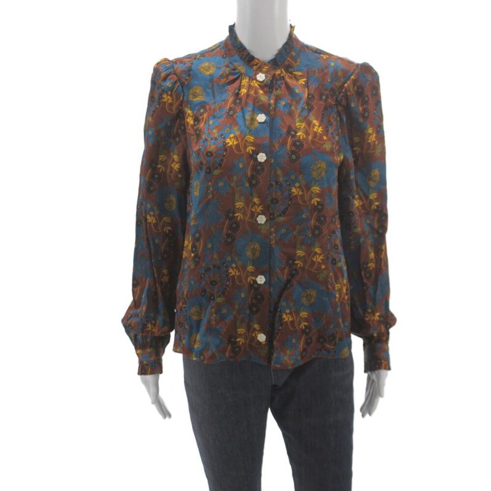 Cartolina Womens Basic Blue High Neck Long Sleeve Blouse Silk Blend Size S